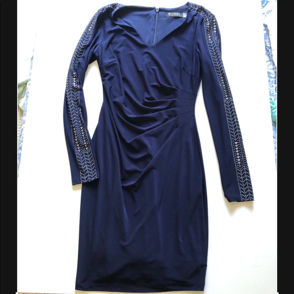 GUESS Studded Ruched Sheath Dress Long Sleeve